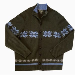 Eddie Bauer NWOT Wool Pattered Cardigan in dark Olive green & Blue Graphic. XL